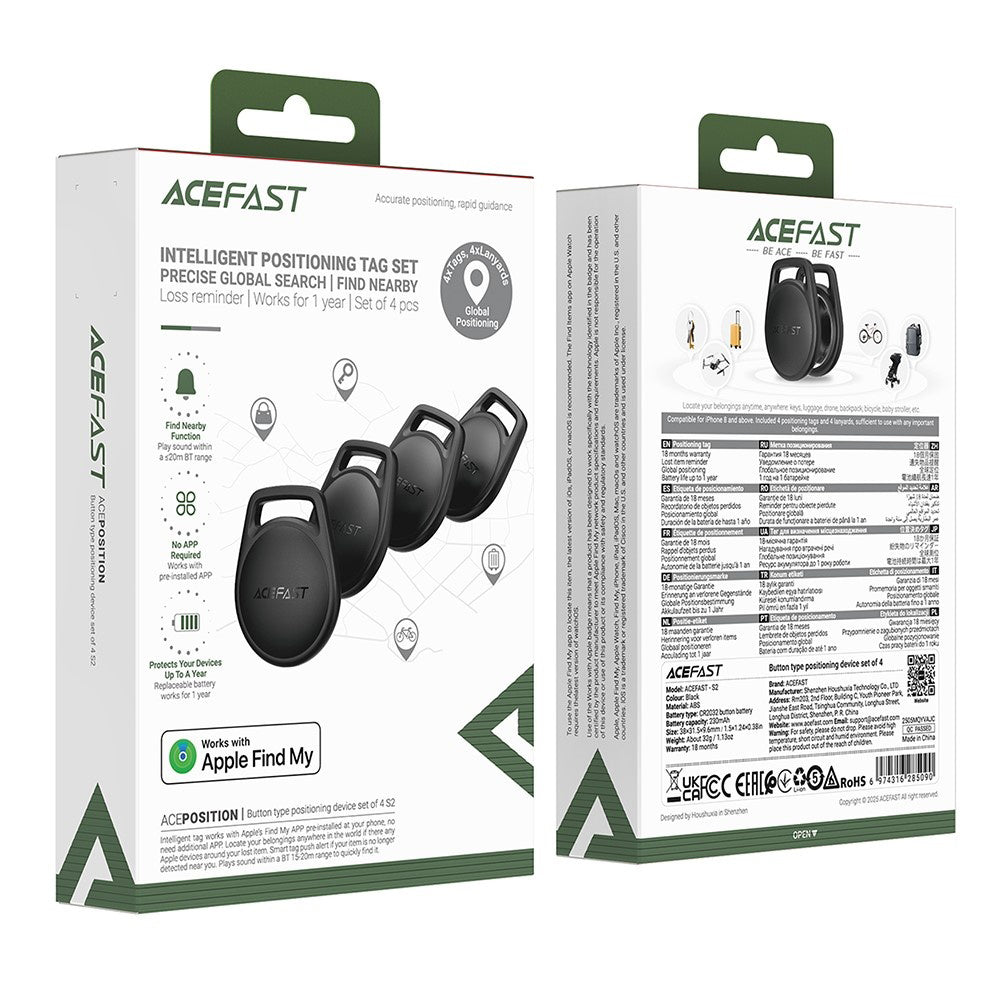 Acefast SmartTag S2 za iOS seriju, Set od 4 komada, Crna