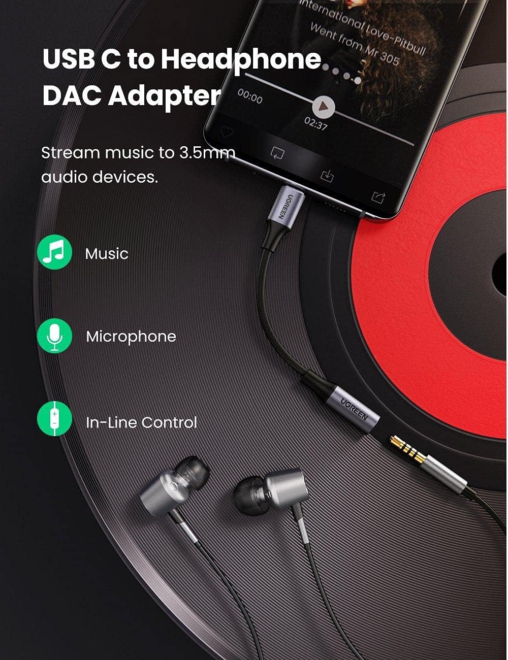 Audio Adapter USB-C - 3.5mm UGREEN AV161, Sivi