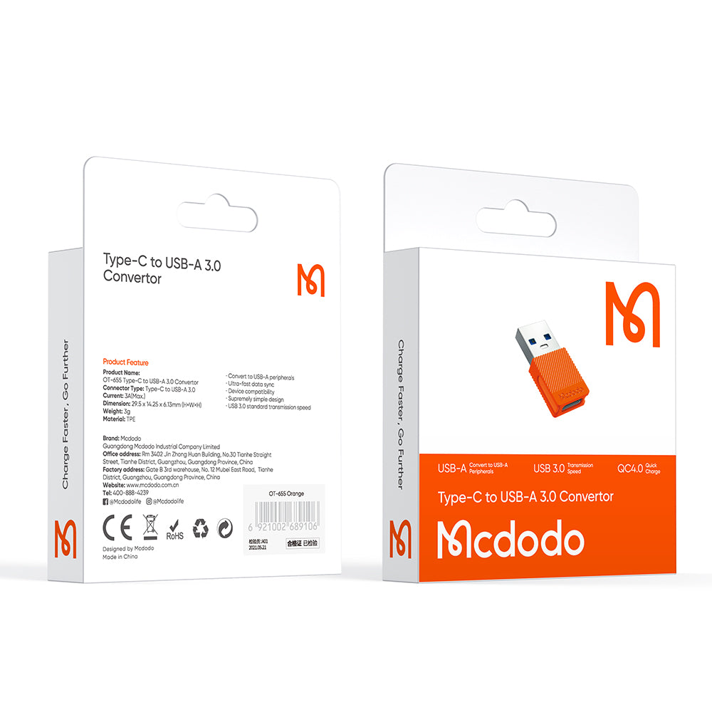 Adapter za podatke i punjenje USB-C - USB-A McDodo OT-6550, Narandžasti