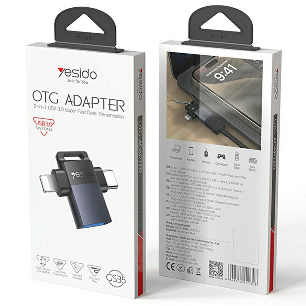 Adaptor OTG Lightning / USB-C - USB-A Yesido GS35, Sivi