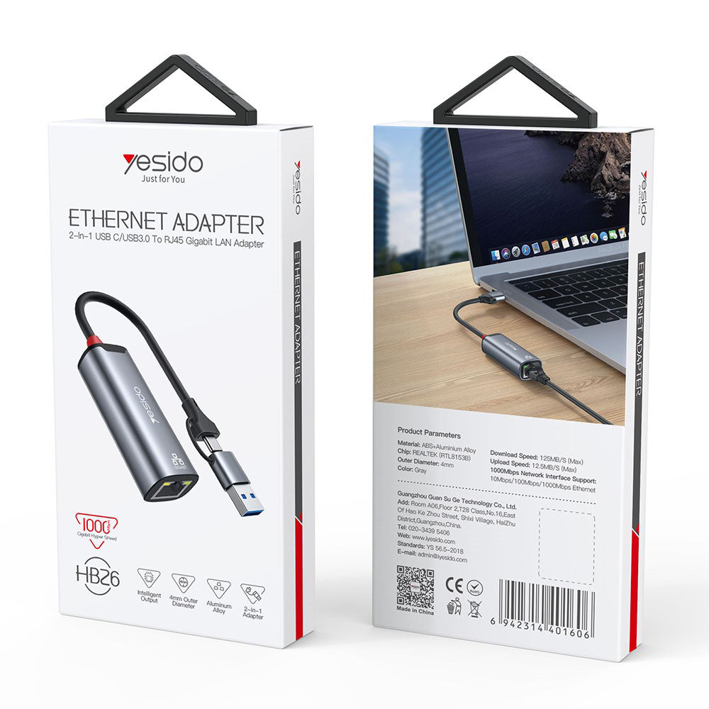 Mrežna kartica Yesido HB26, RJ45, USB / USB-C, Siva