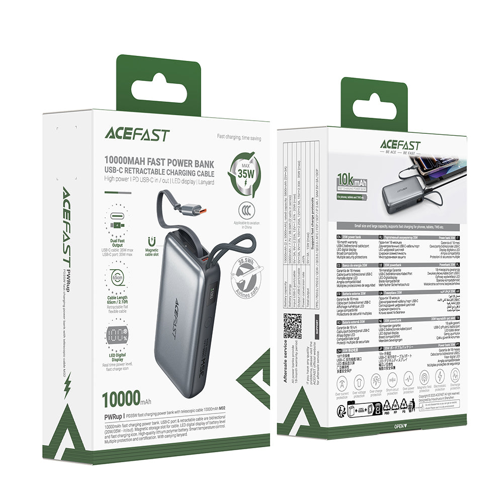 Eksterna baterija Acefast M32, 10000mAh, 35W, PD, 2 x USB-C, Siva