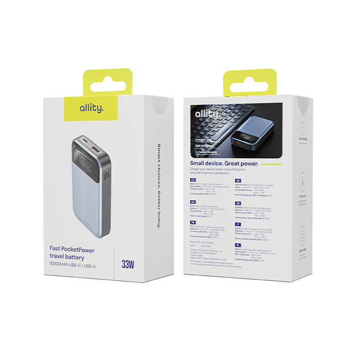 Spoljna baterija Allity. APB-200 PocketPower, 10000mAh, 33W, QC + PD, 1 x USB-A - 1 x USB-C, Siva