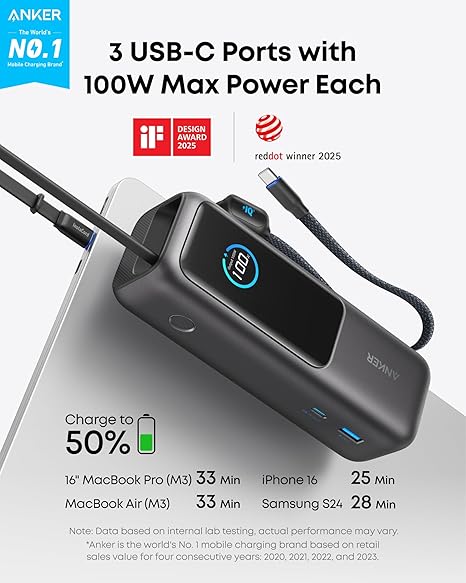 Spoljna baterija Anker, 25000mAh, 165W, QC + PD, 1 x USB-A - 3 x USB-C, Siva A1695H11
