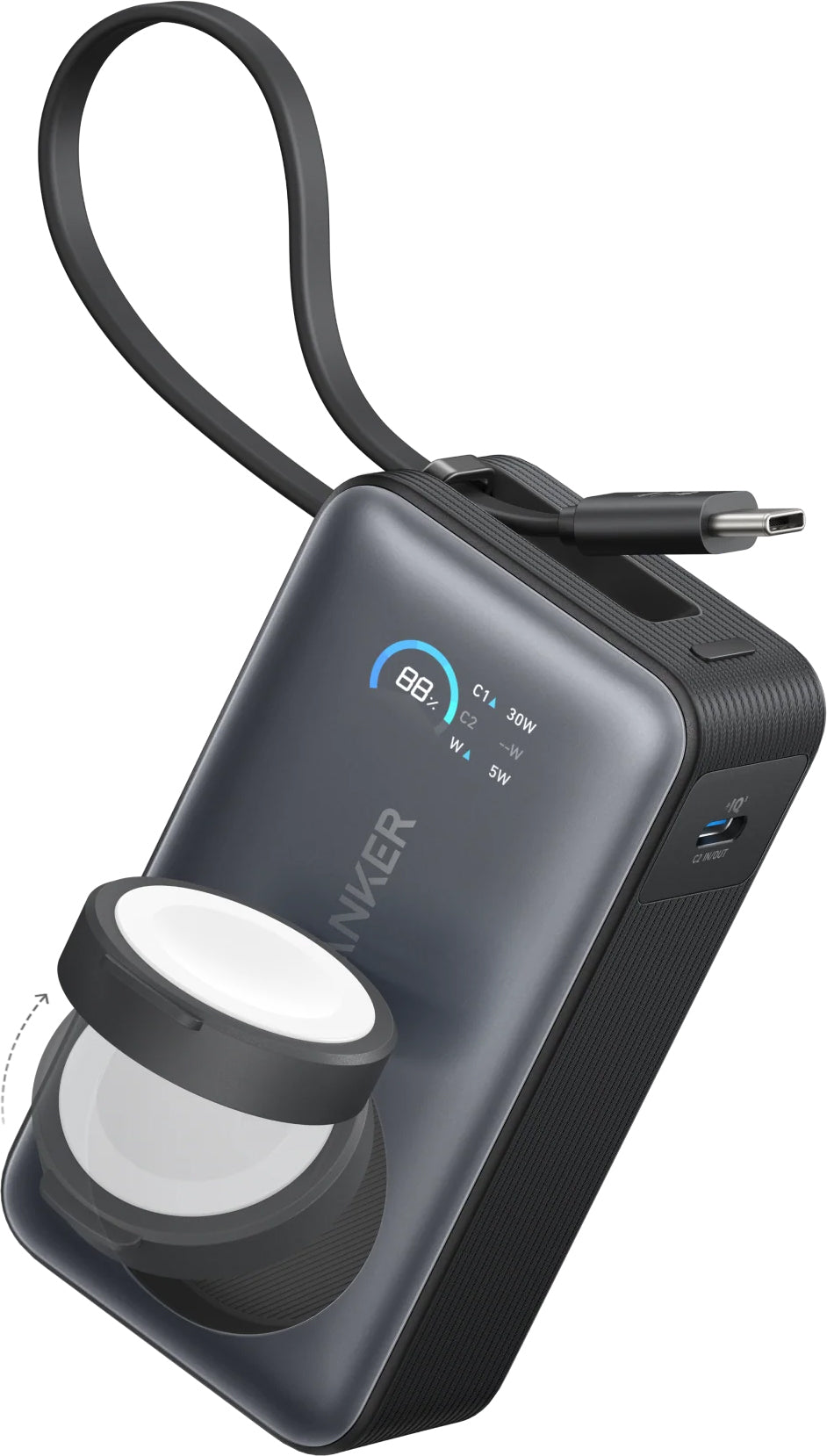 Spoljna bežična baterija Anker MagGo, 10000mAh, 35W, PD + QI, 1 x QI - 2 x USB-C, Crna A1657011