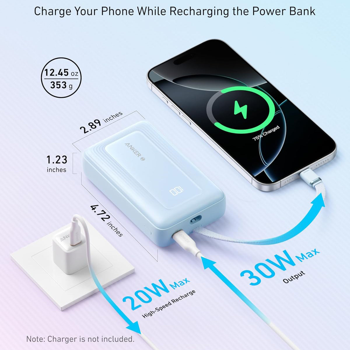 Spoljna baterija Anker Zolo, 20000mAh, 30W, QC + PD, 1 x USB-A - 2 x USB-C, Plava A1689031