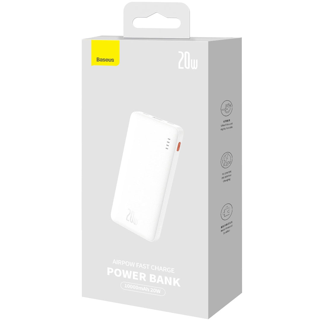 Eksterna baterija Baseus Airpow, 10000mAh, 20W, QC + PD, 1 x USB-A - 1 x USB-C, Bela
