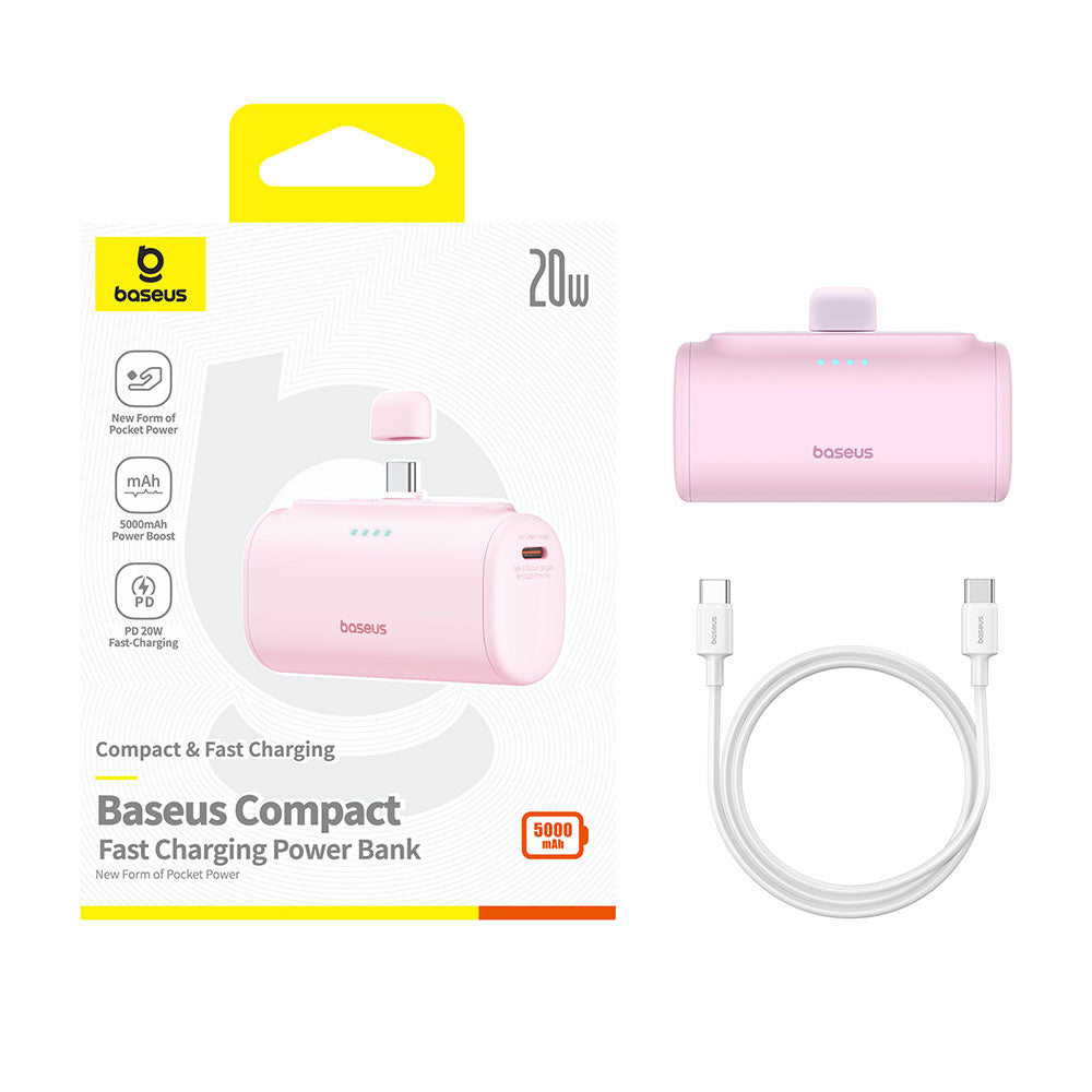 Eksterna baterija Baseus Compact, 5000mAh, 20W, PD, 2 x USB-C, Roze P10068306413-00