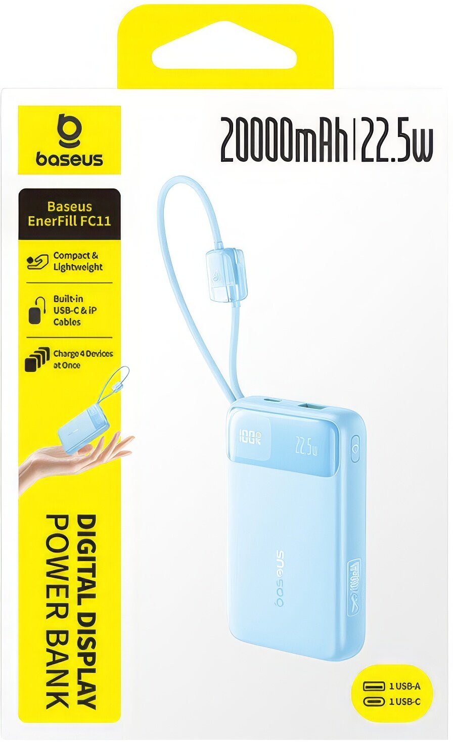 Eksterna baterija Baseus EnerFill FC11, 20000mAh, 22.5W, QC + PD, 1 x Lightning - 1 x USB-A - 2 x USB-C, Plava E0027S06