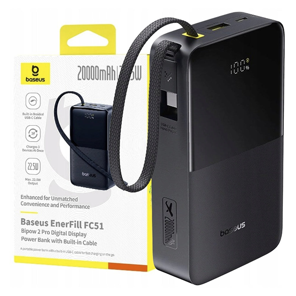 Spoljna baterija Baseus EnerFill Bipow2 Pro, 20000mAh, 22.5W, QC + PD, 1 x USB-A - 2 x USB-C, Crna E0027701