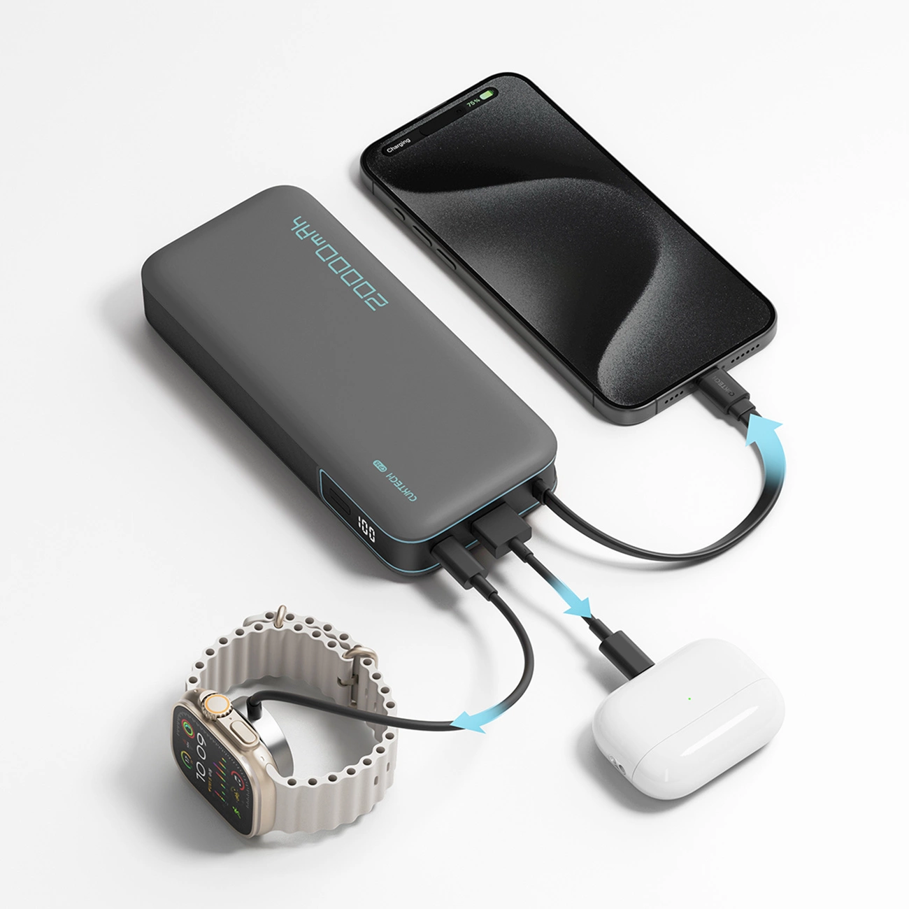 Spoljna baterija Cuktech, 20000mAh, 55W, QC + PD, 1 x USB-A - 2 x USB-C, Siva CUKP200NGLDG