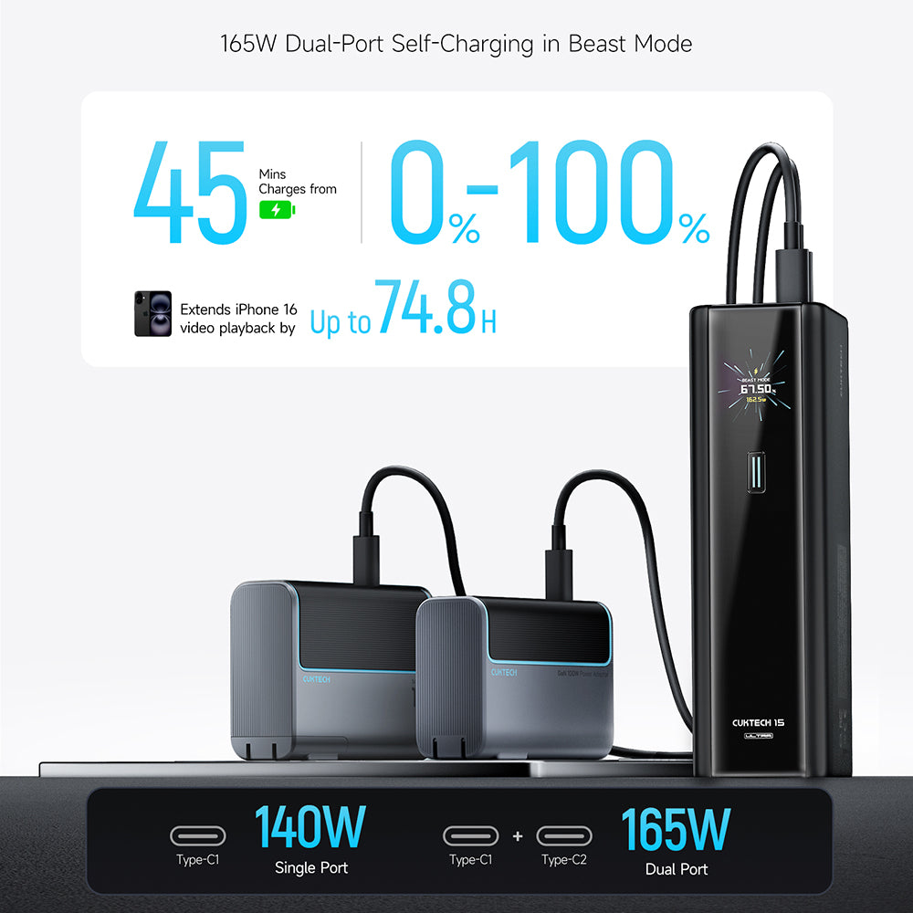 Eksterna baterija Cuktech PB200U, 20000 mAh, 210 W, QC + PD, 1 × USB-A – 2 × USB-C, bela CKPB200UGLGR