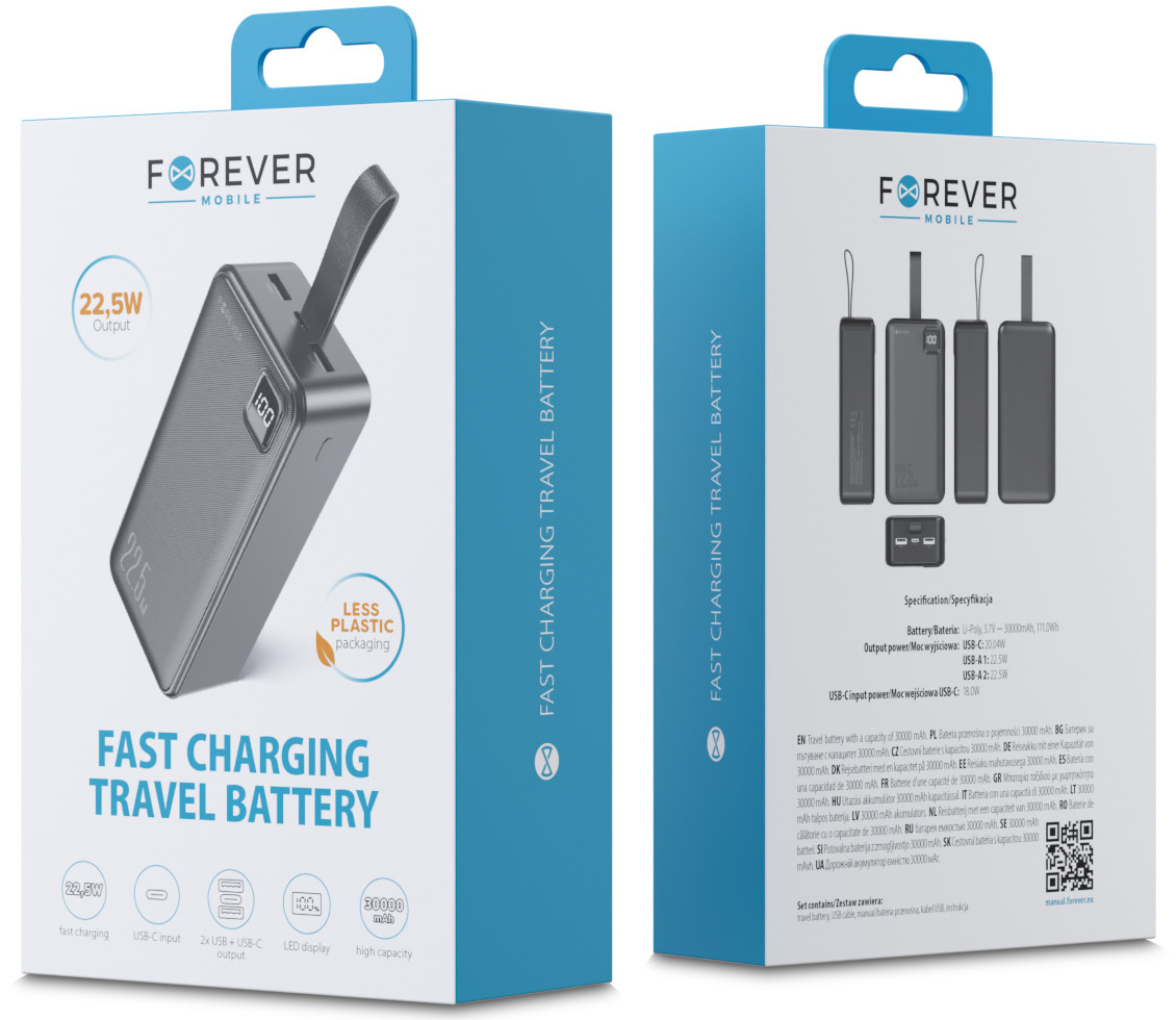 Eksterna baterija Forever TB-300XL, 30000 mAh, 22,5 W, QC + PD, 1 x USB-C – 2 x USB-A, crna