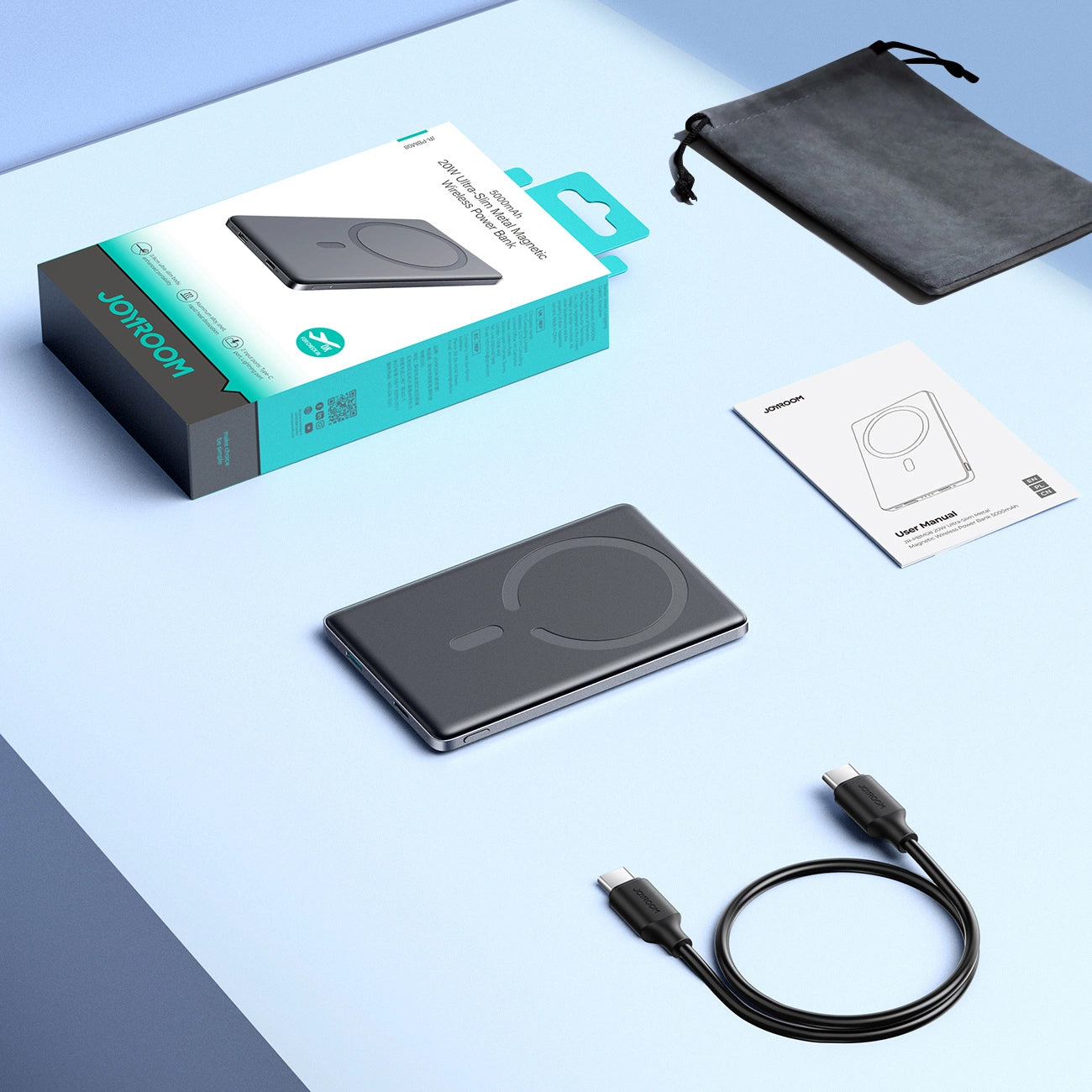 Spoljna baterija Wireless Joyroom JR-PBM08, 5000mAh, 20W, PD + FQI, 1 x QI - 1 x USB-C, Siva