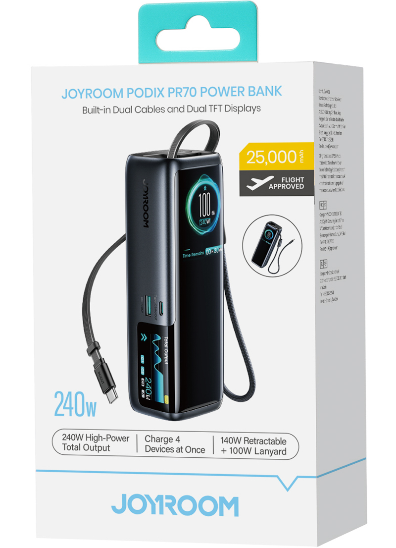 Eksterna baterija Joyroom PODIX PR70, 25000 mAh, 240 W, QC + PD, 1 x USB-A – 3 x USB-C, crna