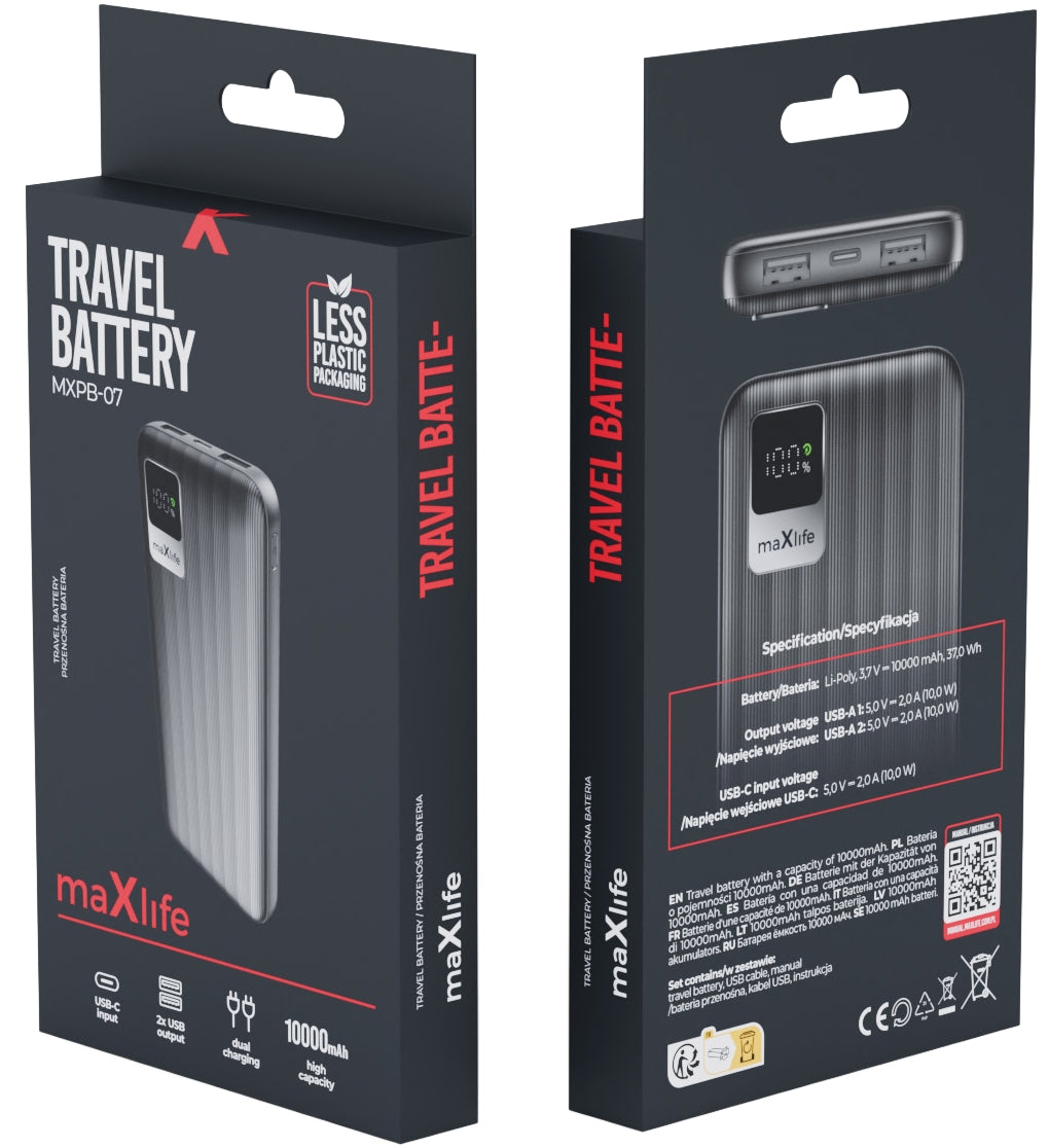 Eksterna baterija MaXlife MXPB-07, 10000mAh, 10W, 2 x USB-A, Crna