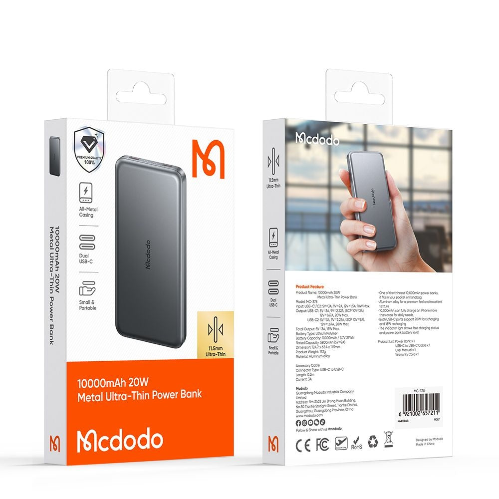 Eksterna baterija McDodo MC-3781 Meta, 10000mAh, 20W, PD, 2 x USB-C, Crna