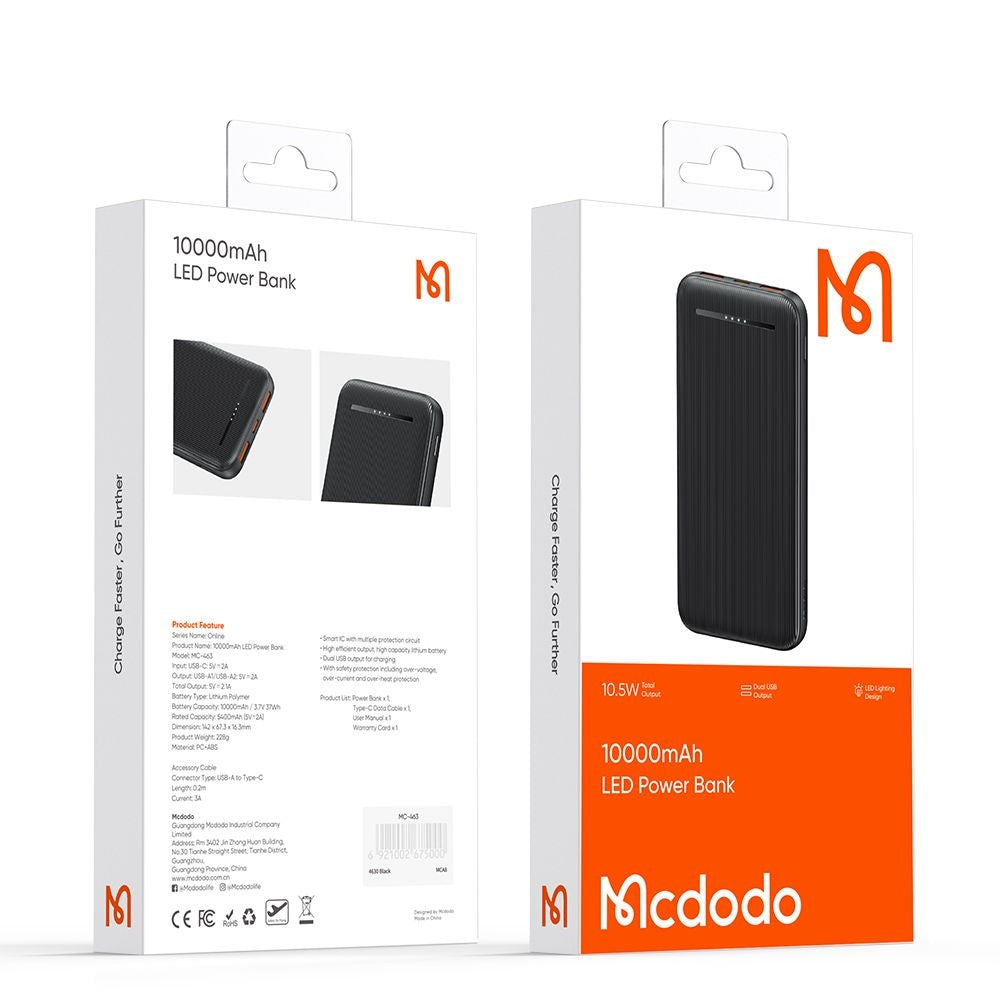 Eksterna baterija McDodo MC-4631 Online, 10000mAh, 10W, 2 x USB-A - 1 x USB-C, Crna