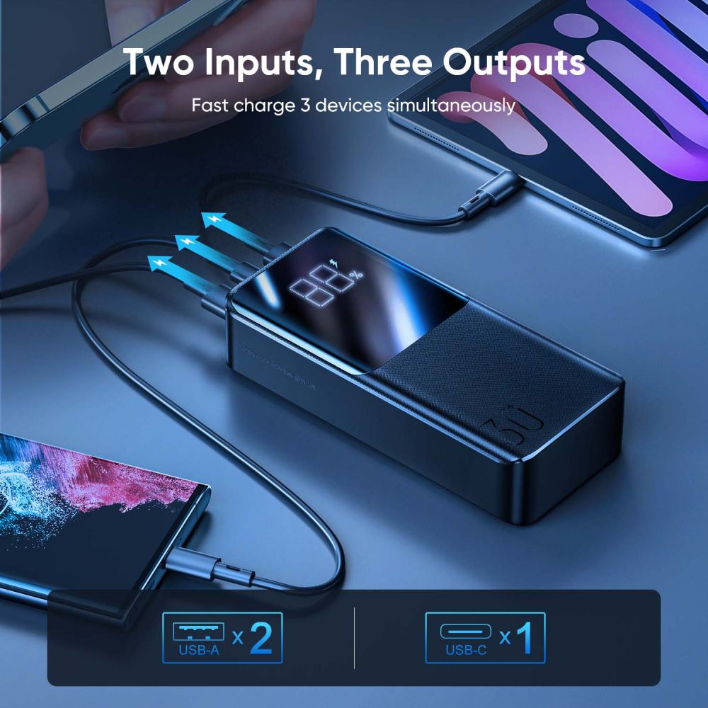 Eksterna baterija Joyroom JR-QP193, 30000mAh, 22.5W, QC + PD, 1 x USB-C - 2 x USB-A, Crna