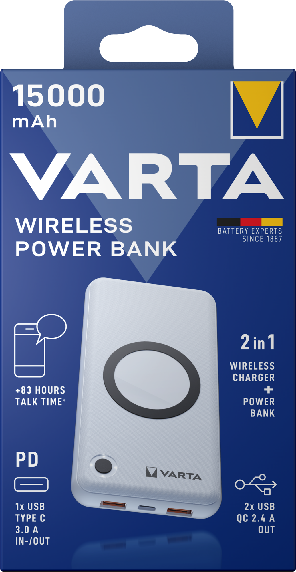 Spoljna Bežična Baterija Varta Energy, 15000mAh, 18W, QC + PD + FQI, 1 x QI - 1 x USB-C - 2 x USB-A, Bela