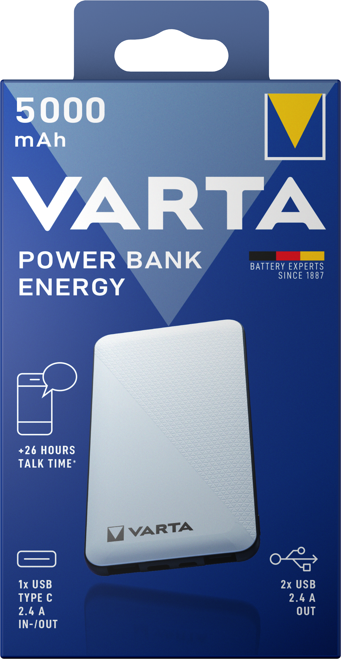 Eksterna baterija Varta Energy, 5000mAh, 15W, 1 x USB-C - 2 x USB-A, Bela