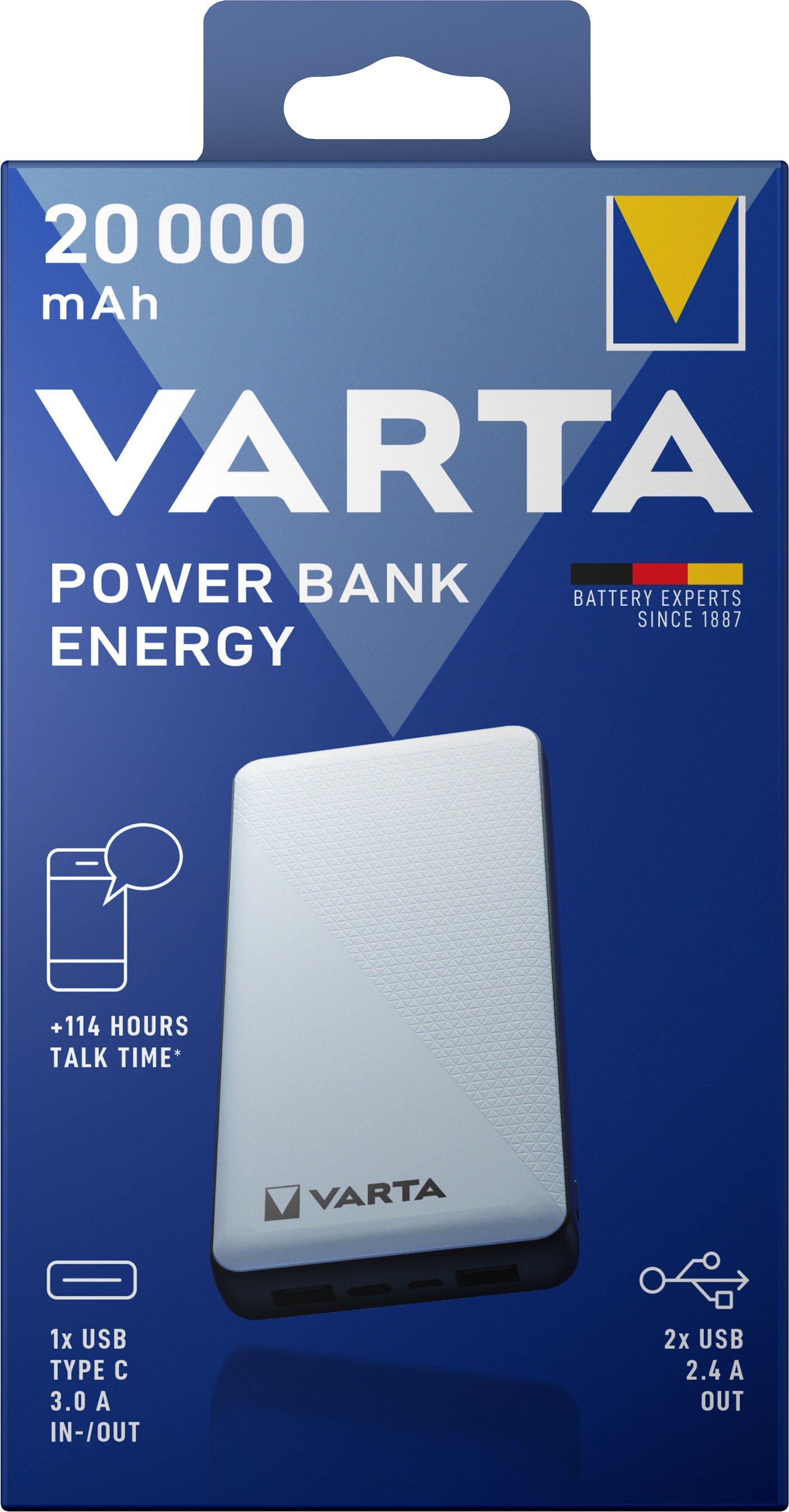 Eksterna baterija Varta Energy, 20000mAh, 15W, 1 x USB-C - 2 x USB-A, Bela
