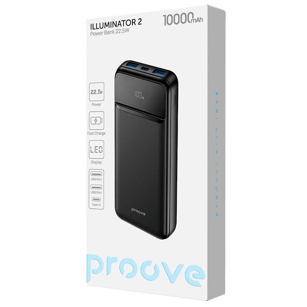 Eksterna baterija Proove Illuminator 2, 10000mAh, 22.5W, QC + PD, 2 x USB-A - 1 x USB-C, Crna PBIP10212201