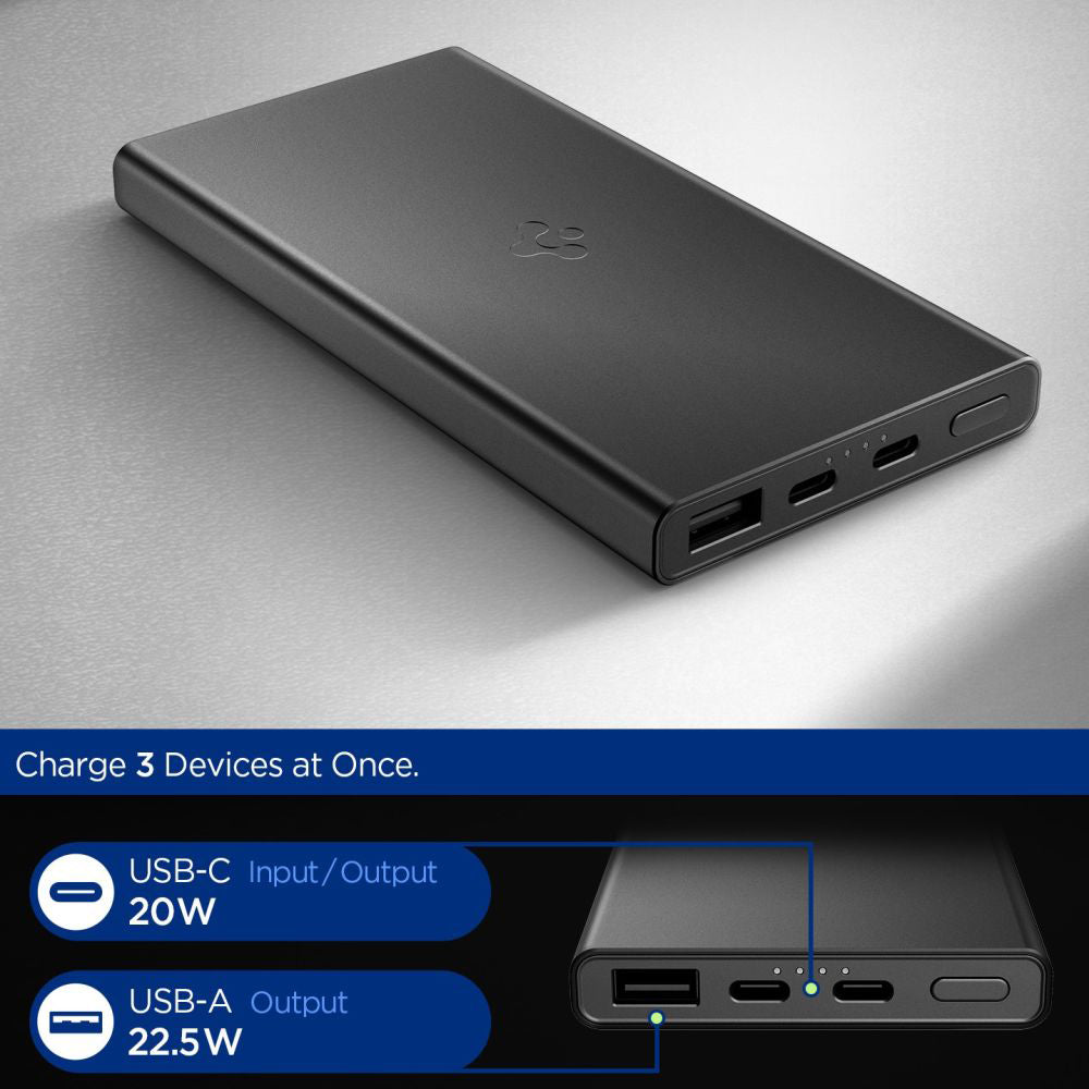 Spoljna baterija Spigen Essential, 10000mAh, 22.5W, QC + PD, 1 x USB-A - 2 x USB-C, Crna ABA09431
