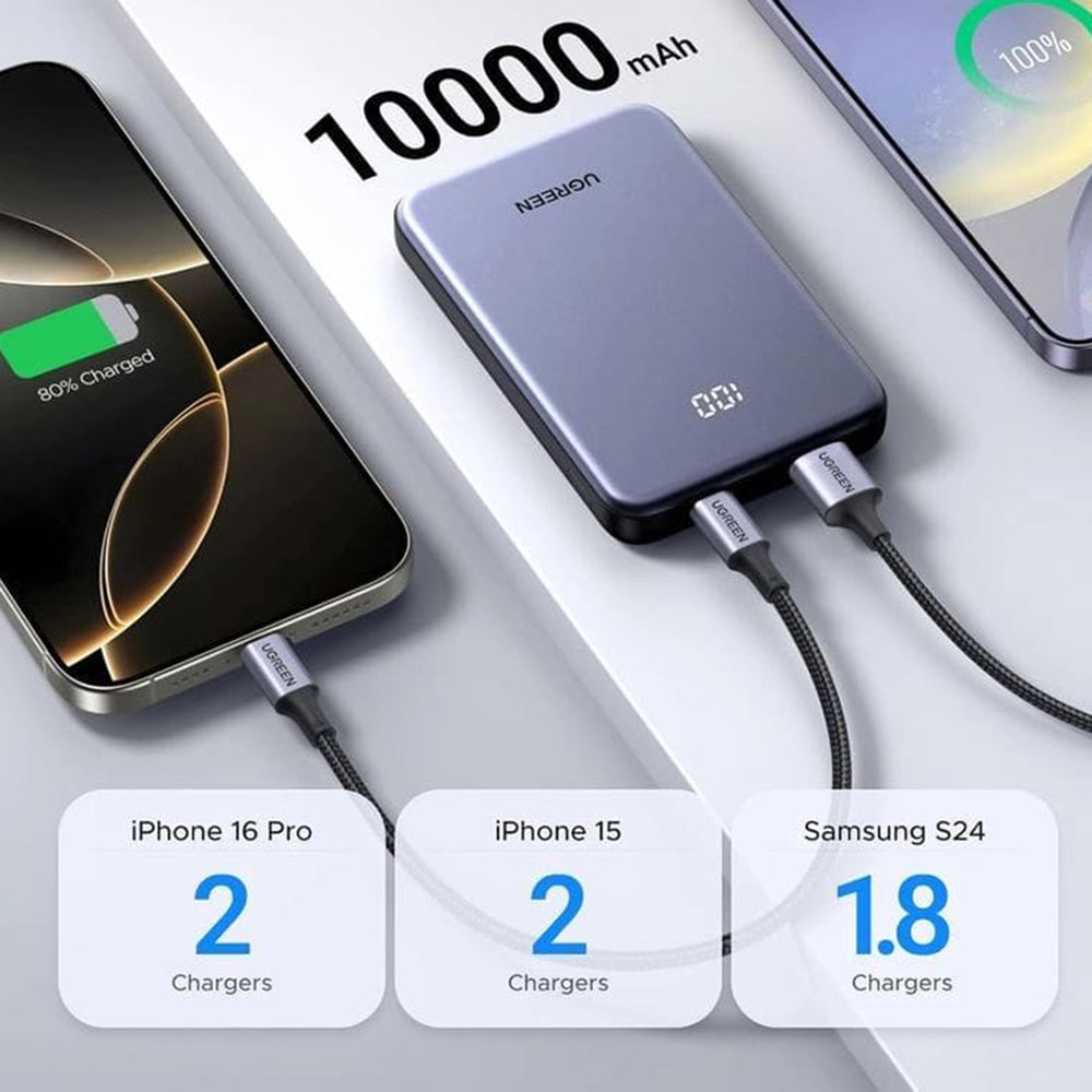 Eksterna baterija UGREEN 75131B, 10000mAh, 22.5W, QC + PD, 1 x USB-A - 1 x USB-C, Siva