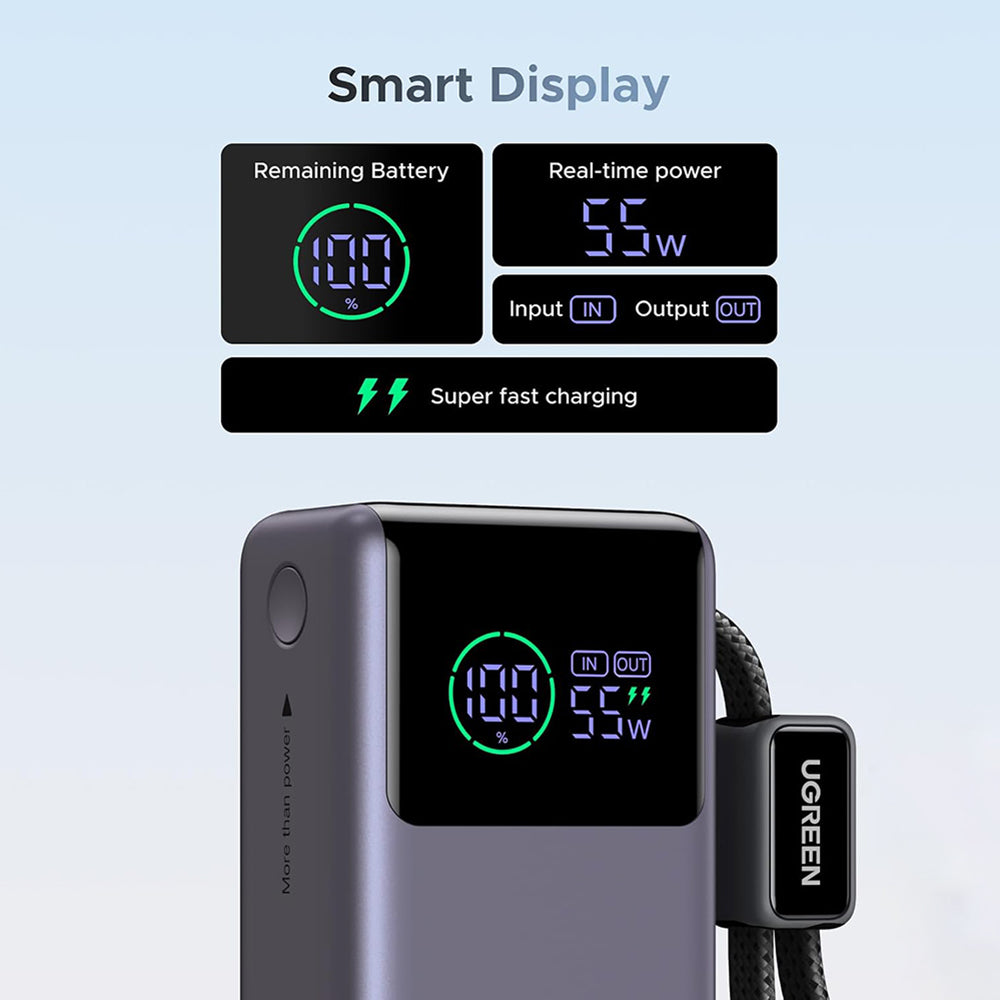 Eksterna baterija UGREEN Nexode Pro PB727 (85301B), 10000mAh, 55W, QC + PD, 1 x USB-A - 2 x USB-C, Siva