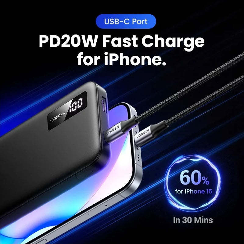 Spoljna baterija UGREEN PB311, 10000mAh, 22.5W, QC + PD, 1 x USB-C - 2 x USB-A, Crna