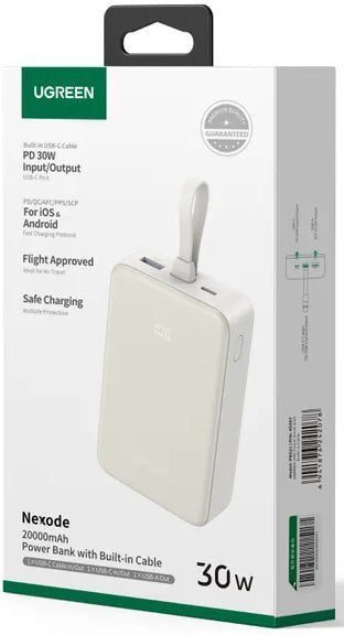 Eksterna baterija UGREEN PB521, 20000mAh, 30W, QC + PD, 1 x USB-A - 2 x USB-C, Bela