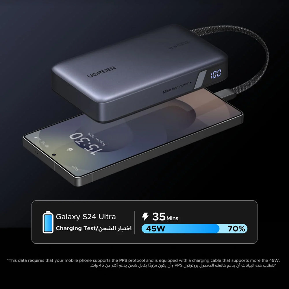 Eksterna baterija UGREEN PB550, 20000mAh, 67W, QC + PD, 1 x USB-A - 2 x USB-C, Siva