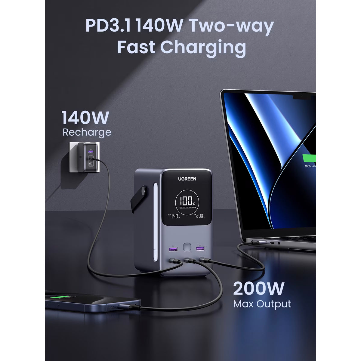Spoljna baterija UGREEN PB770, 48000mAh, 300W, QC + PD, 2 x USB-A - 3 x USB-C, Siva