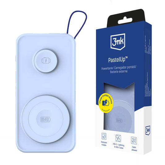 Spoljna Baterija Wireless 3MK PastelUp, 10000mAh, 22.5W, QC + PD + FQI, 1 x USB-A - 1 x USB-C - 2 x QI, Plava