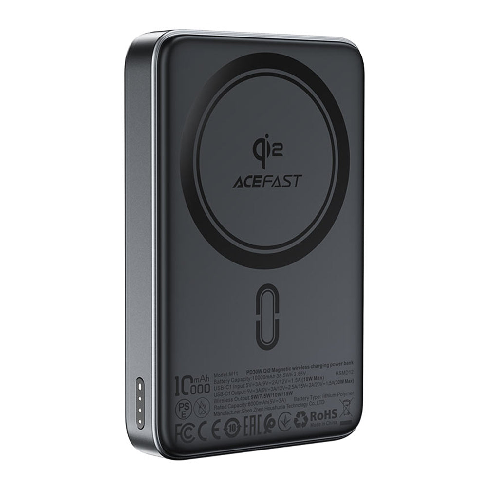 Bežična eksterna baterija Acefast M11, 10000mAh, 30W, PD + FQI, 1 x QI - 1 x USB-C, Crna