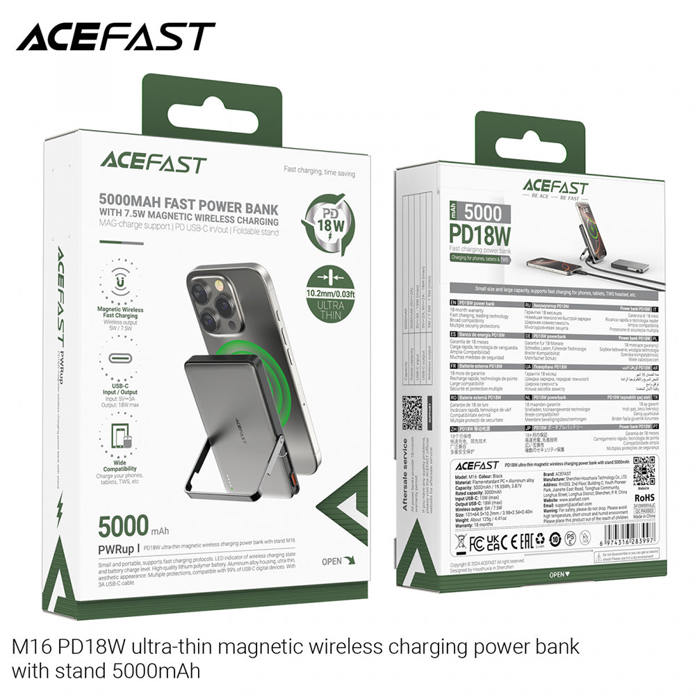 Spoljna baterija Wireless Acefast M16, 5000mAh, 18W, PD + FQI, 1 x QI - 1 x USB-C, Crna