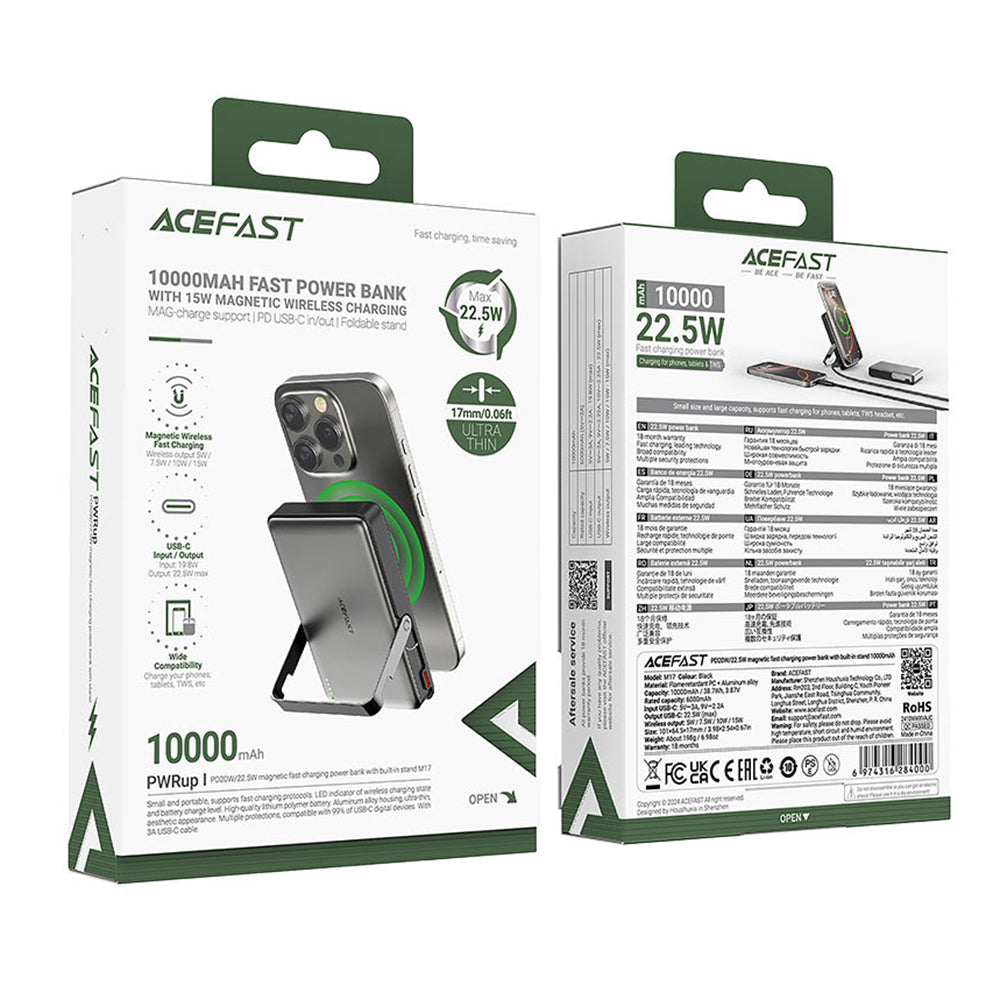 Spoljna baterija Wireless Acefast M17, 10000mAh, 22.5W, PD + FQI, 1 x QI - 1 x USB-C, Crna
