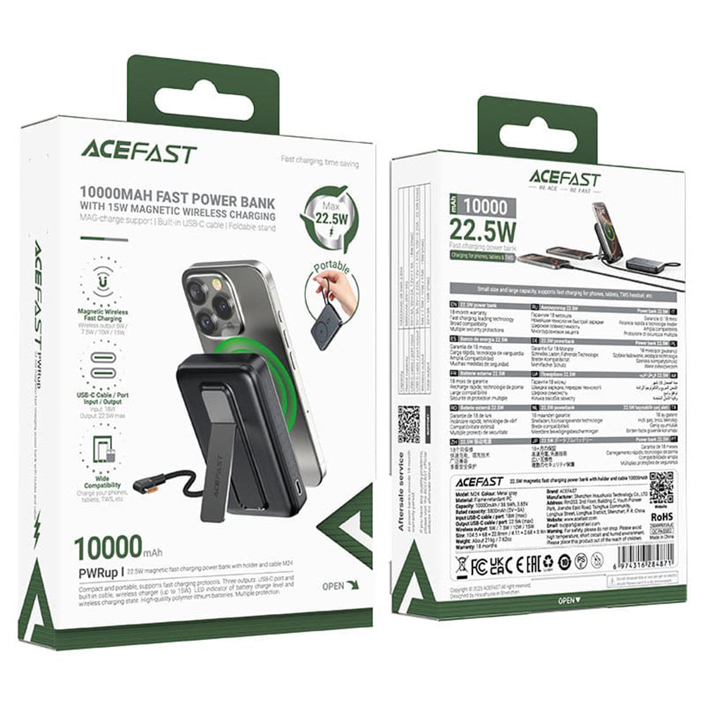 Spoljna bežična baterija Acefast M24, 10000mAh, 22.5W, PD + FQI, 1 x QI - 2 x USB-C, Siva