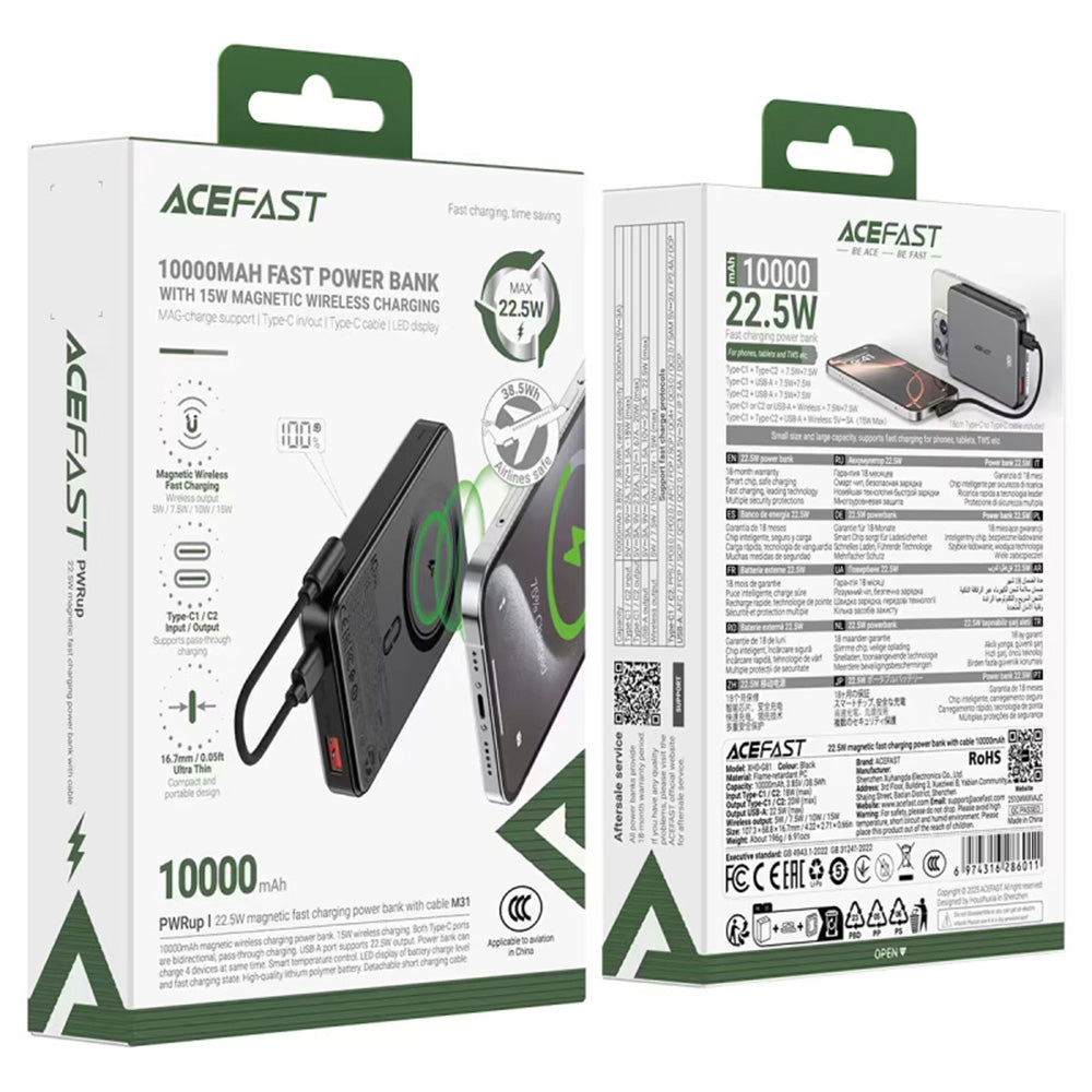 Spoljna baterija Wireless Acefast M31, 10000mAh, 22.5W, QC + PD + FQI, 1 x QI - 1 x USB-A - 2 x USB-C, Crna
