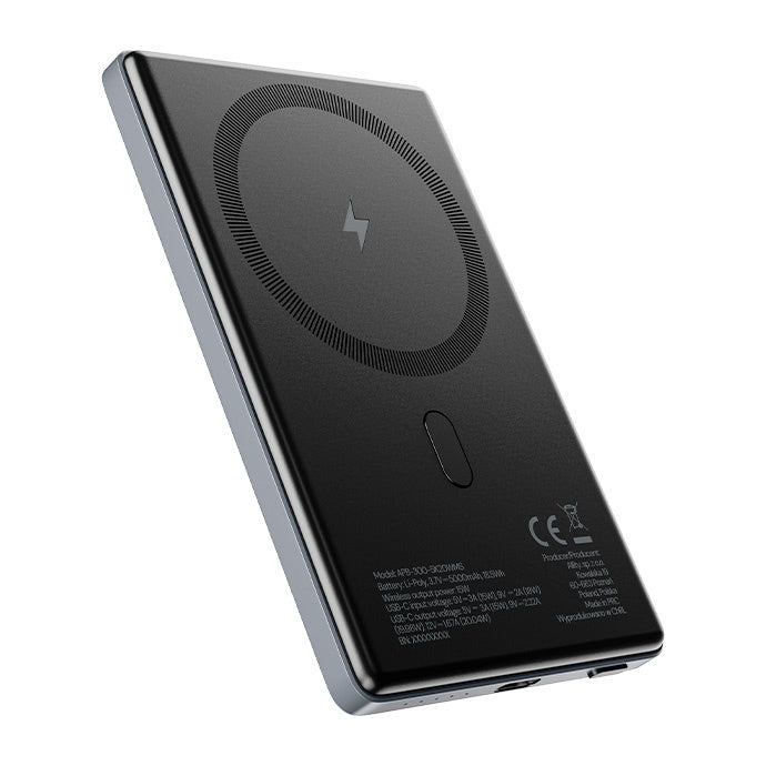 Spoljna bežična baterija Allity. APB-300, 5000mAh, 20W, PD + FQI, 1 x QI - 1 x USB-C, Siva