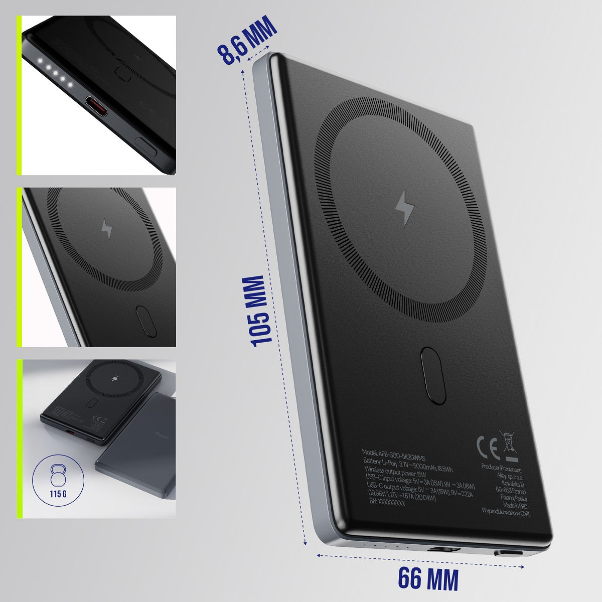 Spoljna bežična baterija Allity. APB-300, 5000mAh, 20W, PD + FQI, 1 x QI - 1 x USB-C, Siva