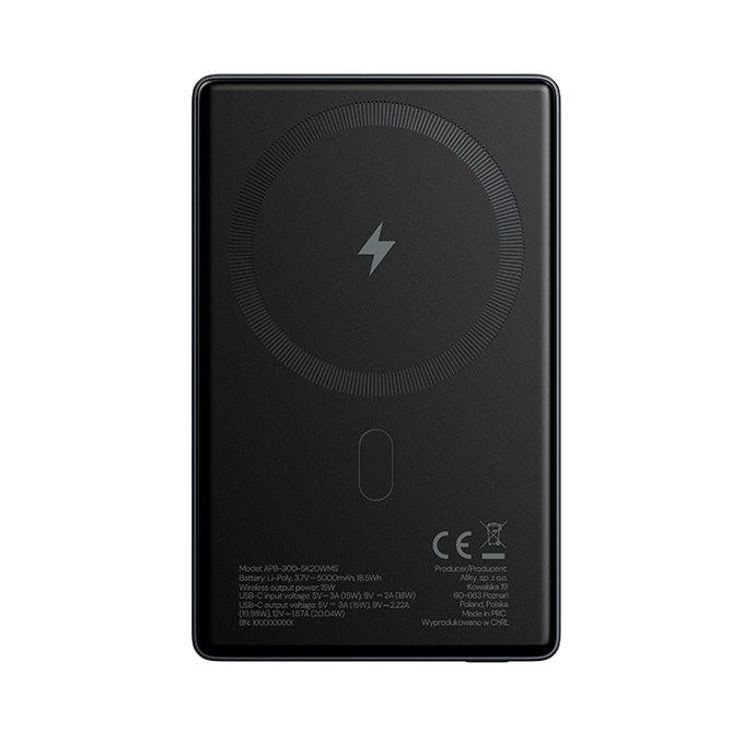 Spoljna bežična baterija Allity. APB-300, 5000mAh, 20W, PD + FQI, 1 x QI - 1 x USB-C, Siva