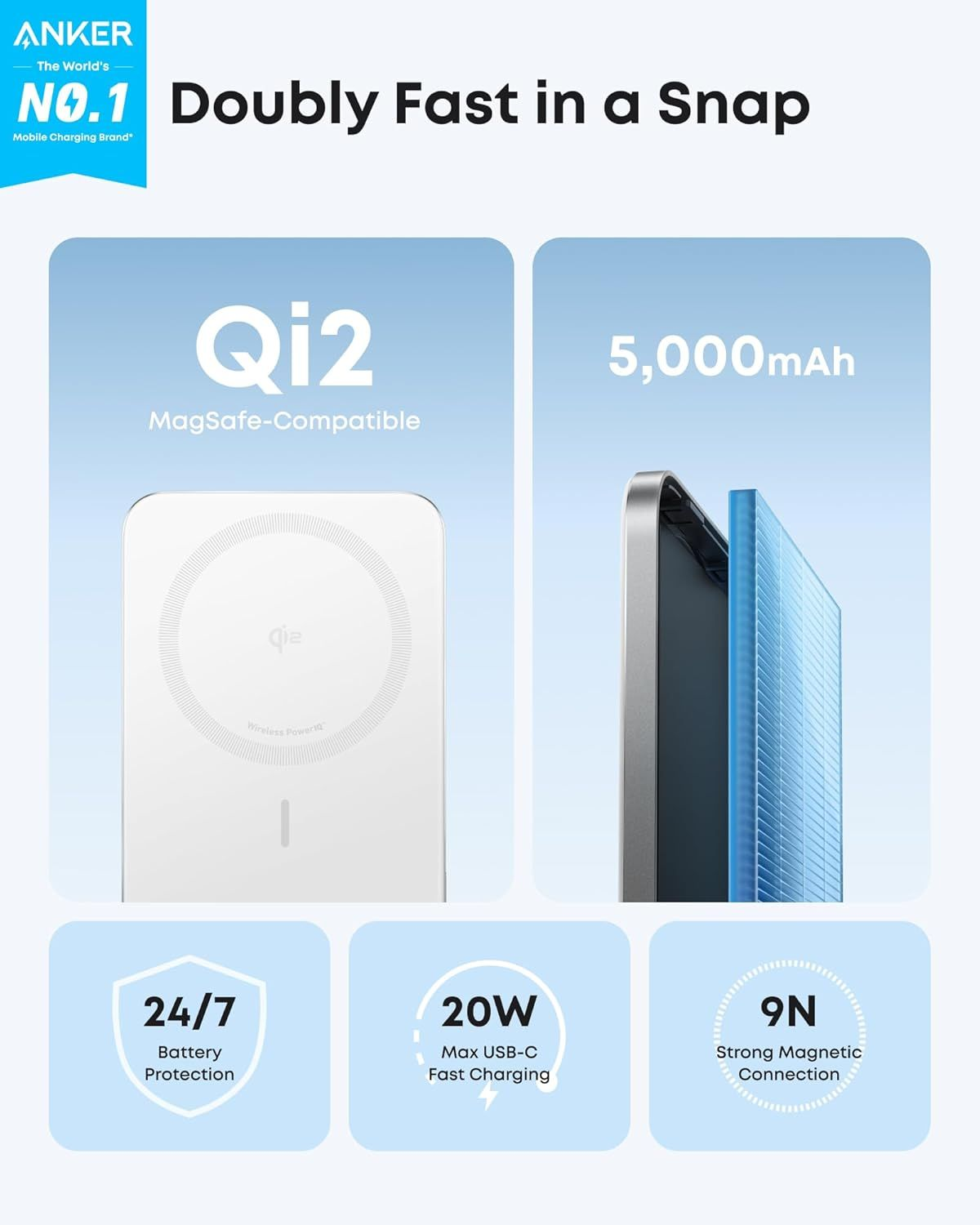 Spoljna bežična baterija Anker Nano, 5000mAh, 20W, PD + FQI, 1 x QI - 1 x USB-C, Bela A1665H21