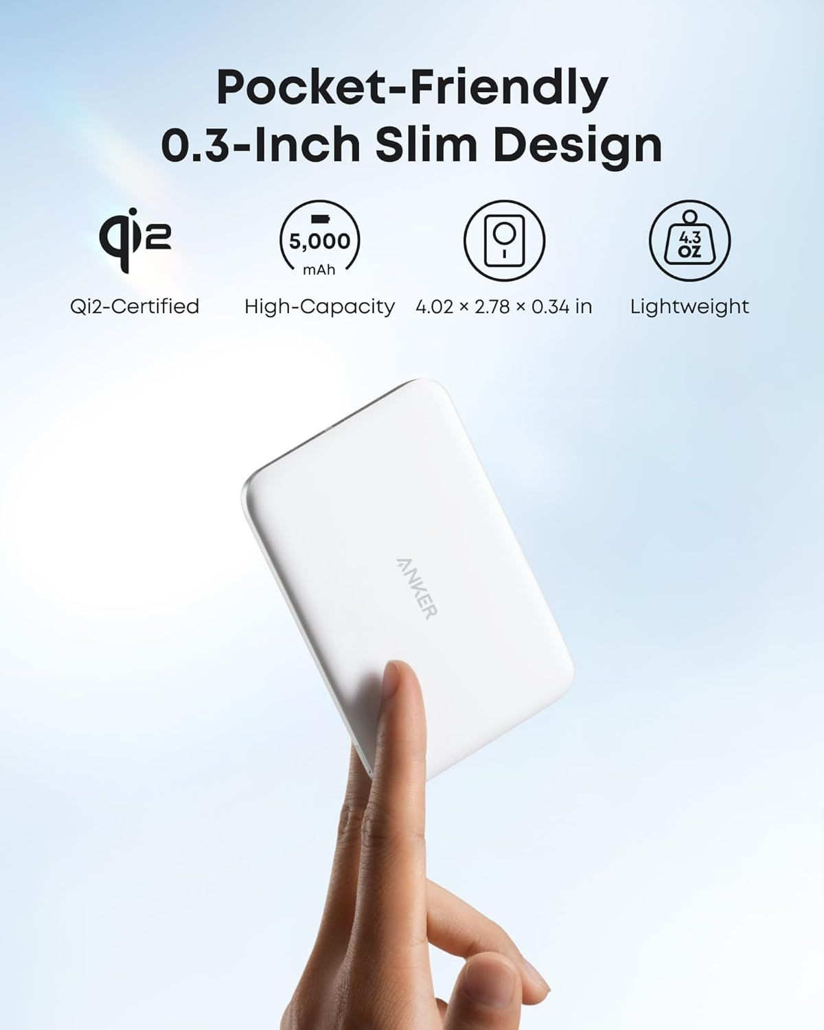 Spoljna bežična baterija Anker Nano, 5000mAh, 20W, PD + FQI, 1 x QI - 1 x USB-C, Bela A1665H21