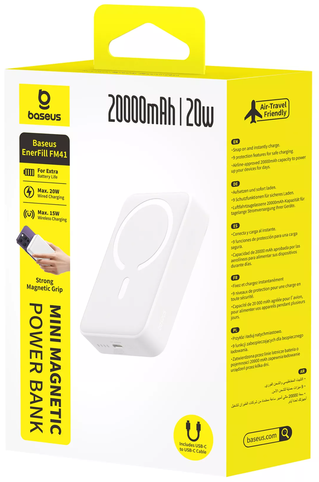 Bežična eksterna baterija Baseus EnerFill FM41 Mini, 20000mAh, 20W, PD + FQI, 1 x QI - 1 x USB-C, Bela E0027U01