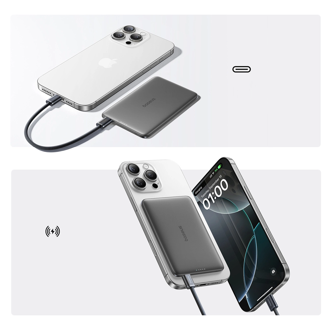 Spoljna bežična baterija Baseus PicoGo AM41, 5000mAh, 20W, PD + FQI, 1 x QI - 1 x USB-C, Crna