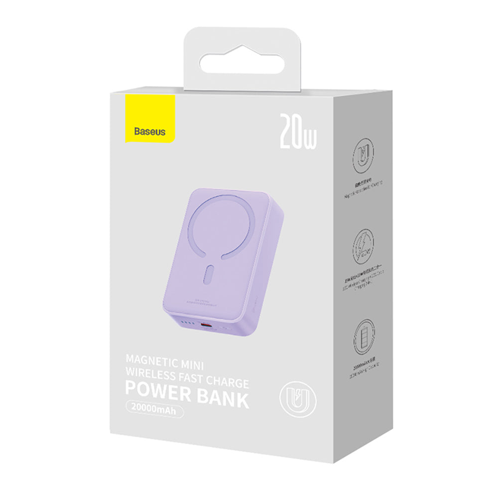 Spoljna Bežična Baterija Baseus Magnetic Mini, 20000mAh, 20W, PD + FQI, 1 x QI - 1 x USB-C, Ljubičasta PPCX150005