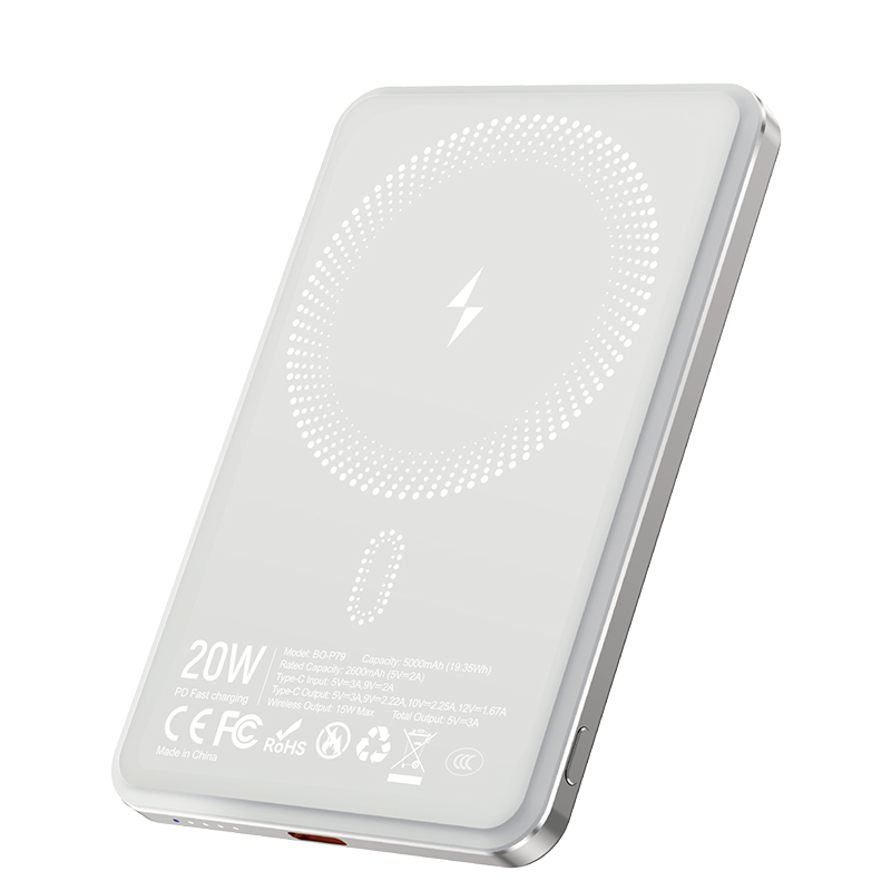 Bežična Eksterna Baterija BWOO P79, 5000mAh, 20W, PD + FQI, 1 x QI - 1 x USB-C, Siva