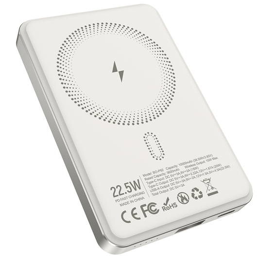Bežična Eksterna Baterija BWOO BO-P82, 10000mAh, 22.5W, PD + FQI, 1 x QI - 1 x USB-C, Bela